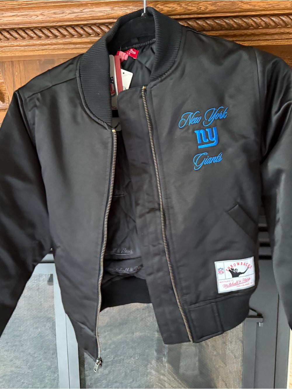 Mitchell & Ness Black New York Giants Bomber Jacket with Blue Embroidery
